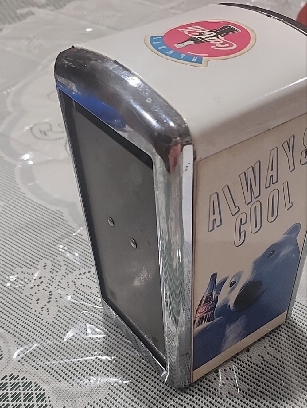 Vintage Metal Coca Cola Polar Bear Napkin Dispenser - White/Blue - Picture 2 of 5